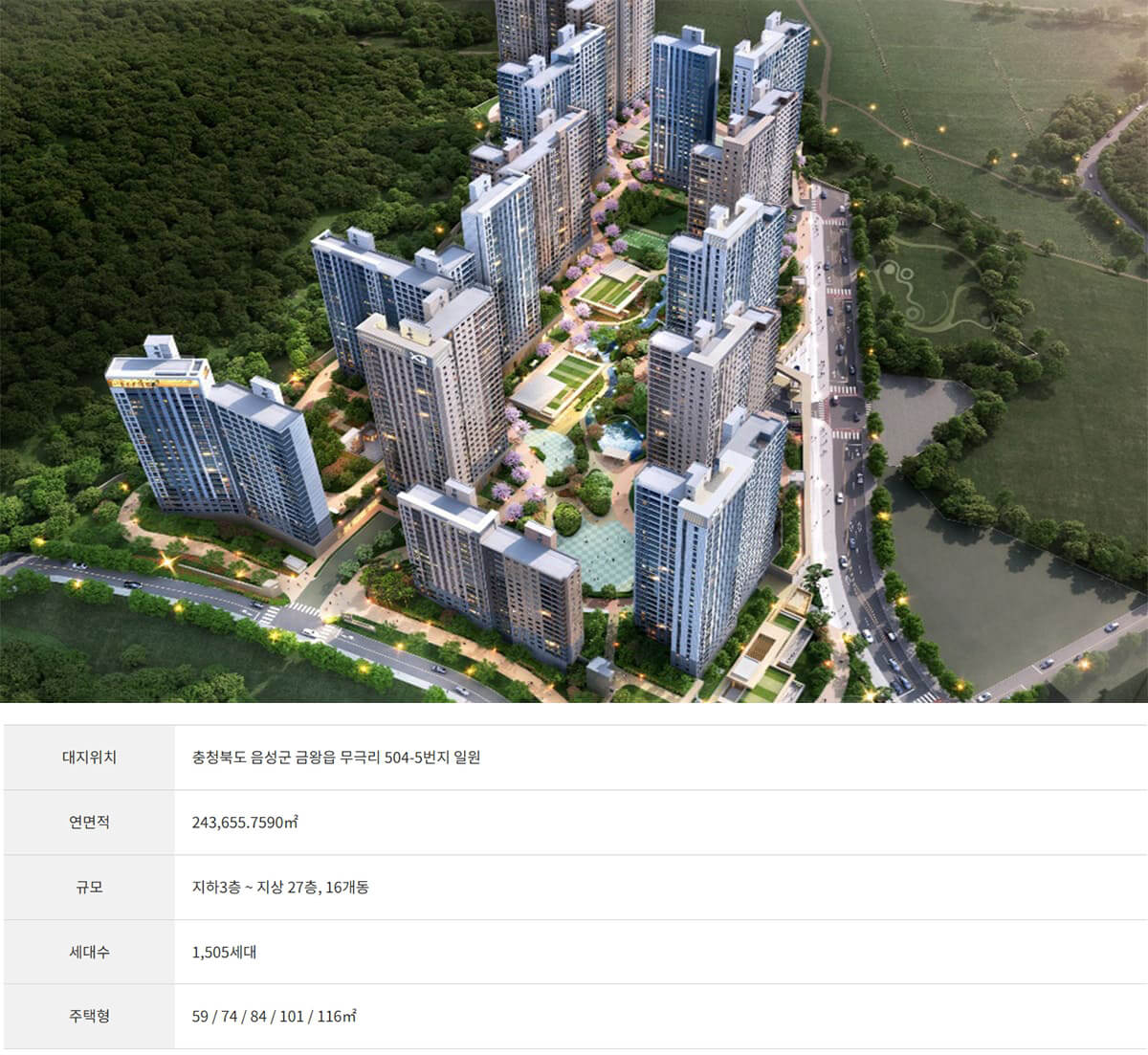 음성 자이 센트럴시티 사업개요 1505세대 대단지 조감도